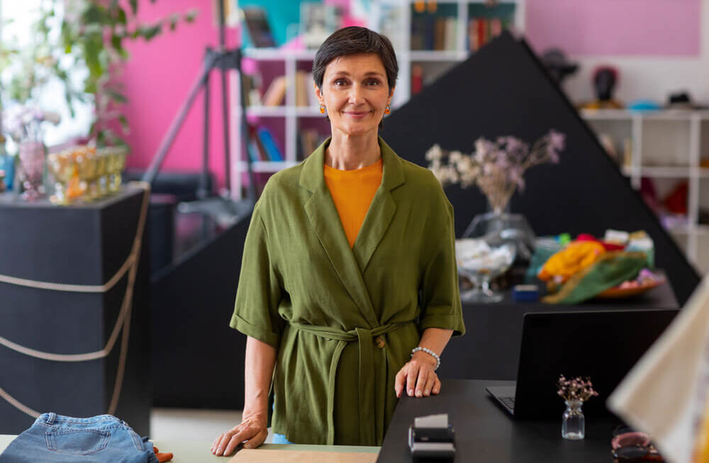 Agência Simi mulher-de-tiro-medio-consertando-artigos-de-moda